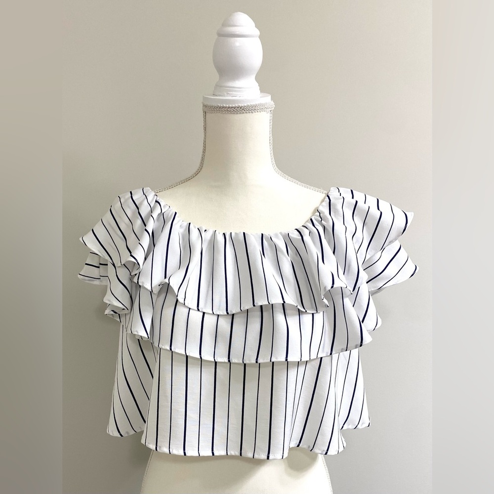She+Sky Womens L Blue Striped Ruffle Crop Top Boho Y2K Nautical Preppy Fisherman